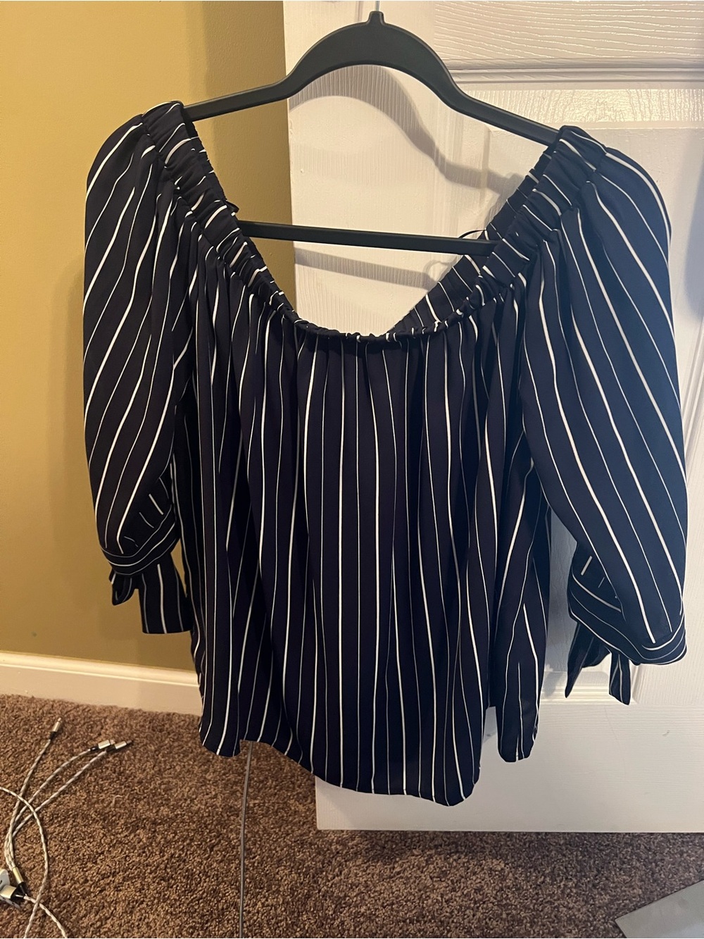 Lumiere Black Off-Shoulder Pinstripe Blouse